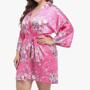 Women's Floral Color Rose Short Satin Silk Kimono Robe Size M (NWT)